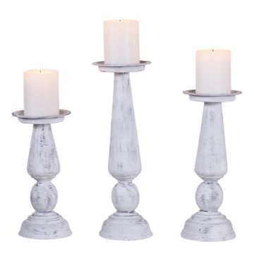 Metal Pedestal Pillar Candle Holder Set in Rustic White Wash