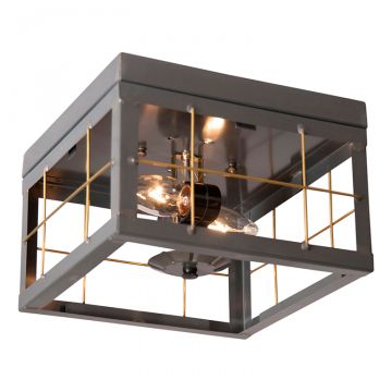 2-Light Flush Mount Double Ceiling Light with Brass Bars in Country Tin