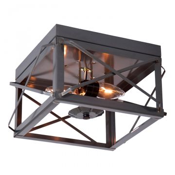 2-Light Flush Mount Double Ceiling Light with Folded Bars in Country Tin